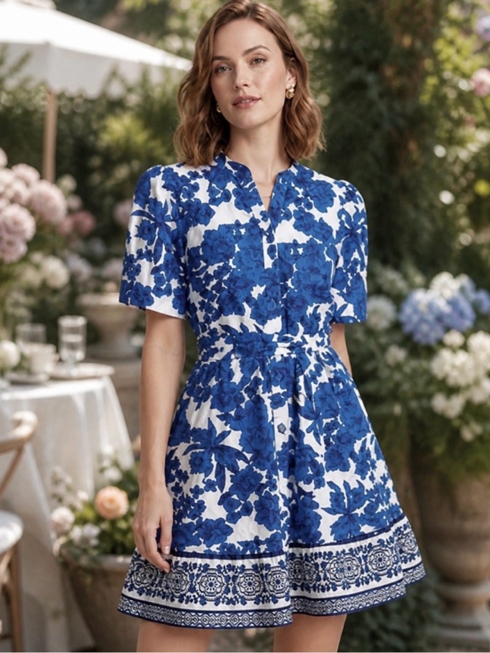Joie Floral Cotton Fit & Flare Dress Pockets Blue White Size Small